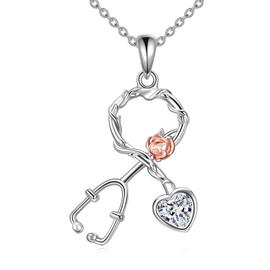 YFN Stethoscope Jewellery Women's Necklace 925 Silver Pendant Crystal Stethoscope Jewellery Necklace Gifts for Women Nurse Doctor Medical Students, Sterling Silver, Cubic Zirconia