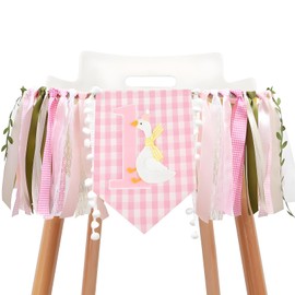 Funny Goose High Chair Banner for Girls, Pink 1st Birthday Decoration, Funny Goose Tassel Garland, Pink High Chair Ribbon Banner for Baby Shower