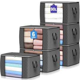 Bolsas de almacenamiento grandes de 90 l, paquete de 6 contenedores de almacenamiento plegables para ropa, mantas, edredones, sábanas, almohadas y jug