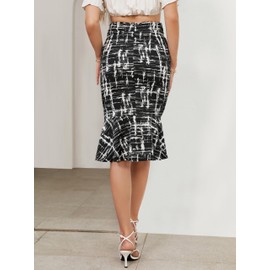 YATHON Women Work Skirts Business Casual Midi High Waist Mermaid Hem Bodycon Skirt (YT274-black Geome,S)