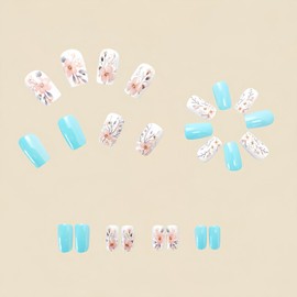 Spring Press on Nails Square Fake Nails Medium with Floral Leaves Designs Glue on Nails Blue Full Cover Nails Press ons White Acrylic False Nails Glossy Artificial Stick on Nails for Women 24Pcs