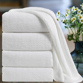 Ultra Soft Bath Towel Set of 4, White Extra Large Textured Microfiber Luxury Towels 35x70 in, Quick Dry, Highly Absorbent, Fluffy, Oversized, for Bathroom Shower Pool Hotel Beach