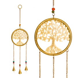 Tree of Life Beaded Windchime Wall Hanging Chimes Indian Décor for Home Balcony Garden Decorative Items and Gifting (Antique Golden-Big)