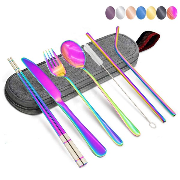 Flatware Set - Travel Camping Cutlery Set - Reusable Stainless Steel Portable Utensils Including Case and Straw,Straight Straw, Knife,Fork,Spoon,Chopsticks,Cleaning Brush - Rainbow Multicolor