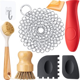 Patelai 8 Pieces Cast Iron Skillet Cleaner Care Kit Include Chainmail Scrubber, Bamboo Handle Dish Brush, Scrub Brushes, Pan Grill Scrapers for Cleaning Cast Iron Skillets, Pot & Pans(Orange)