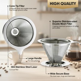 Stainless Steel Pour Over Coffee Dripper, Paperless Reusable Cone Coffee Filter with Ultra Fine Micro Mesh, Pour Over Coffee Maker for Single Cup Brew, Non-slip Stand for Perfect Extraction, 1-4 Cups