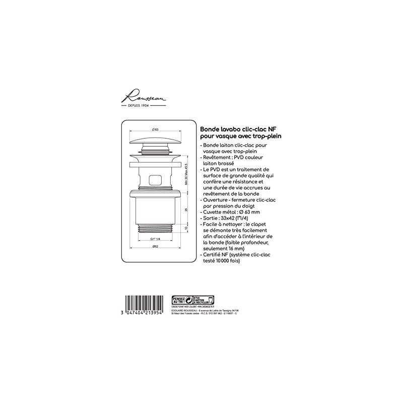 Edouard Rousseau Brushed Brass Waste with Overflow