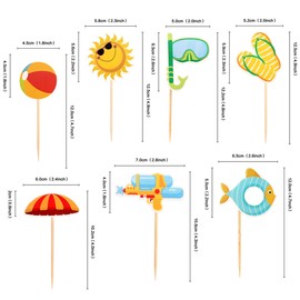 Ercadio - Juego de 28 adornos para magdalenas de verano, playa, hawaii, sombrilla, bola de buceo, anteojos de agua, pistolas de agua, púas para cupcakes, baby shower, decoración de fiesta de cumpleaños