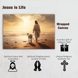 Jesus Christ Canvas Wall Art, Jesus Running After Lost Lamb Picture, Modern Religious HD Framed Print Painting Artwork for Bedroom Living Room Decor, Christian Churches Home Wall Decor 12"Hx18"W Inch