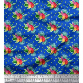 Soimoi Blue Poly Crepe Fabric Leaves Tropical Print Fabric by Yard 52 Inch Wide