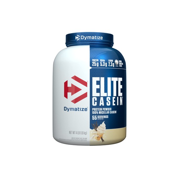 Dymatize Elite Casein Protein Powder, Slow Absorbing with Muscle Building Amino Acids, 100% Micellar Casein, 25g Protein, 5.4g BCAAs & 2.3g Leucine, Helps Overnight Recovery, Smooth Vanilla, 4 Pound