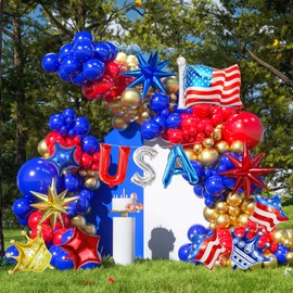 151pcs Red Blue and Gold Balloons Garland Arch Kit, 4th of July Patriotic Balloons with Star Balloons for Birthday Graduation Independence Day Baseball Theme Nautical Party Decorations
