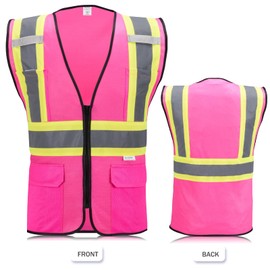 SULWZM High Visibility Reflective Safety Vest with Zipper and Pockets Pink,L