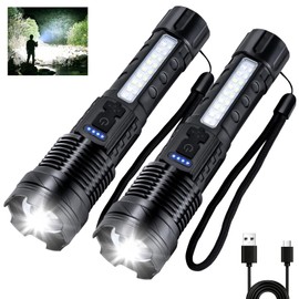 Peascat Rechargeable Flashlights High Lumens 90,000L (2 Packs), Super Bright LED Handheld Flash Light Battery Powered with 7 Modes, COB Side Light, USB C, Zoomable, Waterproof for Emergencies Camping