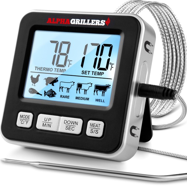 Alpha Grillers Food & Meat Thermometer w/Temperature Probe, Leave In Digital Oven Thermometer for Cooking in the Kitchen & Grilling with 7 Preset Temperatures & Timer