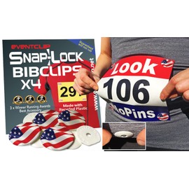 EventClip Race Bib Clips - US Flag x 4 Snap-Lock for Securing Running and Cycling Numbers. Made with Recycled Plastic The Original & The Best Est 2012 Distributors Wanted