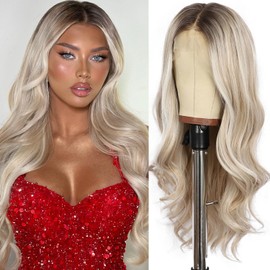 SOMIARIK 13x4 Lace Front Short Wavy Blonde with Dark Roots Wigs Synthetic Lace Front Blonde Wigs Pre Plucked with Baby Hair Natural Looking 150% Density Heat Resistant Party Date Daily Wear 22 Inch