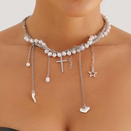 Carufin Pearl Star Choker Necklace for Women, Sparkling Star Pendant Chain, Tassel Choker, Cross Necklaces, Punk Layers Jewellery, Metal, No Gemstone