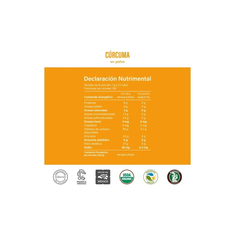 Cúrcuma Orgánica En Polvo 200g(2bolsas 100g)vizananutrition