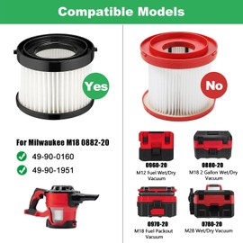 Alrens 4 Pack 49-90-1951 HEPA Vacuum Filters for Milwaukee M18 Compact Vaccum 0882-20, part# 49-90-1951, 49-90-0160