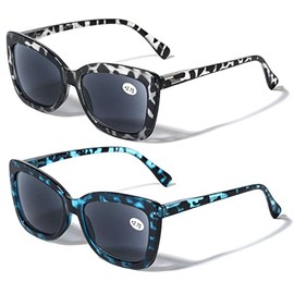V.W.E. 2 Pairs Women Outdoor Reading Sunglasses Butterfly - Fully Magnified Readers - Not BIFOCAL (1 Blue Leopard 1 Grey Leopard, 2.25, multiplier_x)