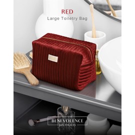 Benevolence LA Large Capacity Travel Cosmetic Bag | Travel Toiletry Bag for Women | Large Makeup Bag | Velvet Travel Bag for Toiletries | Pouch Bags for Cosmetics | Quilted Red Makeup Bag