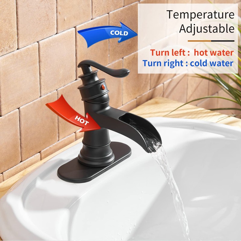 BWE Waterfall Bathroom Faucet Matte Black Bathroom Sink Faucet with