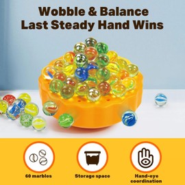 BAKAM Wobble Marble Balance Game with 60 Glass Marbles - Fun Family Board Game for Kids 6-12 & Adults - Includes Dice & Challenge Cards - Indoor Party Games for 1-4 Players