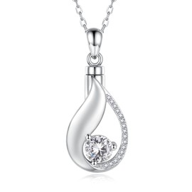 Teardrop Urn Necklace for Ashes - 925 Sterling Silver Teardrop Cremation Jewelry Pendant Keepsake Memorial Gifts for Women, Sterling Silver, Cubic Zirconia