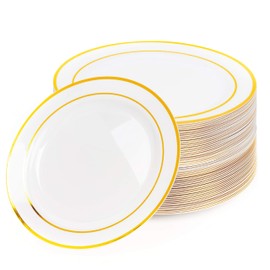 KOOSREEL 25 Pack Plastic Dessert Plates with Gold Rim,19cm/7.5inch Reusable Soup & Dessert Small Side Plates for Weddings, Birthdays, BBQ, Buffets, Catering, Parties