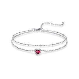 KeyStyle Women's Synthetic Ruby Stainless Steel Heart Ankle Bracelet, July Birthstone Anklet Rolo Chain Anklet Summer Jewelry for Her, Birthday Jewelry for Mother Wife Mother