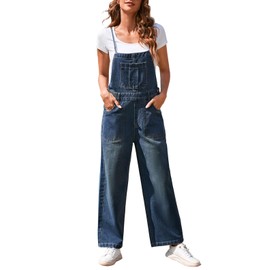 Pink Queen Womens Denim Jumpsuits Casual Summer Onesie Rompers Sleeveless Loose Baggy Overall Pants with Pockets Comfy Wide Legs Bib Long Jean Pants Dark Blue S