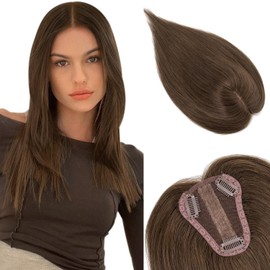 Real Human Hair Toppers,S-noilite Natural Brown Remy Hair Topper for Women with Thinning Hair 3.2x4 inch Lace Silk Base Toppers Hair Piece to Cover Grey Hair (12 Inch,Natural Brown)