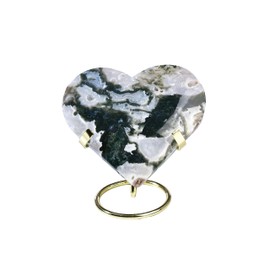AMOYSTONE - Colección grande con forma de corazón, piedra de musgo, ágata, corazón, roca, muestra mineral, decoración para el hogar, oficina, 4.5-5 pulgadas con soporte de aleación dorada