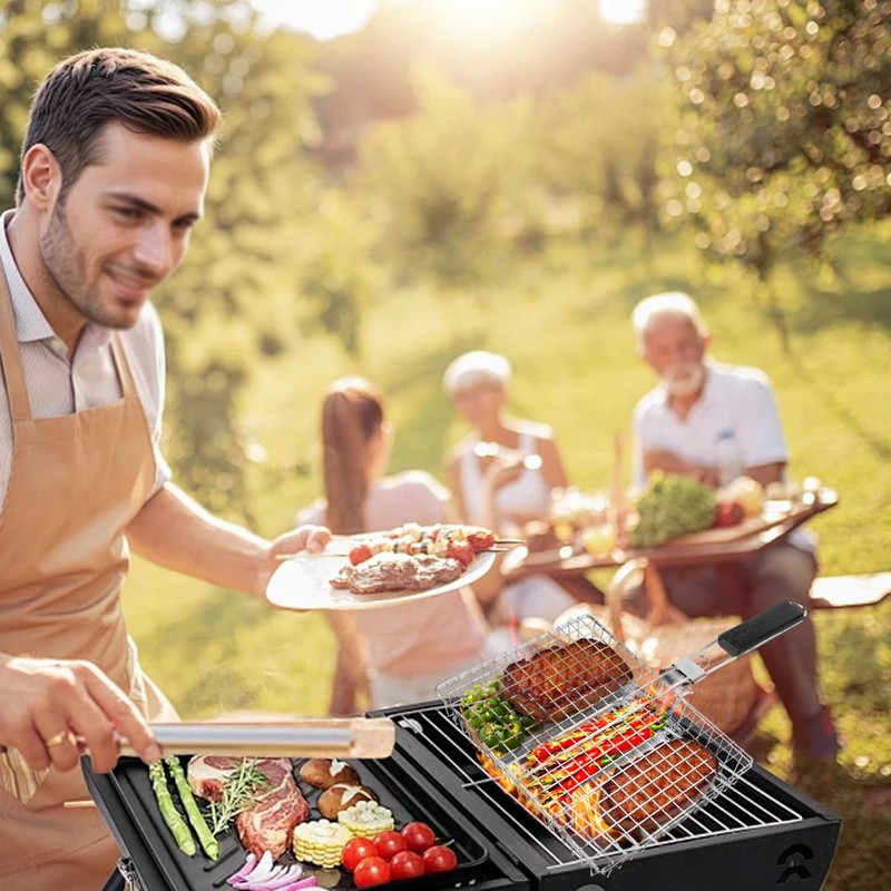 Fish Grilling Basket, Stainless Steel Grill Basket with Removable Handle,