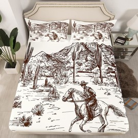 Erosebridal - Sábana bajera de vaquero tamaño Queen, sábanas occidentales para niños y hombres, ilustración dibujada a mano de caballo American Wild West Adventure Sábanas montañas, desierto, cactus decoración de recámara, juego de ropa de cama de 3 piez