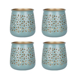 Ideen mit Herz Tea Lights Made of Iron with Flower Ornamentation, Tea Light Holder, 9.5 cm High, Diameter 8.6 cm, Gold Inside, Lighting Patio, Balcony, Garden, Set of 4 (Petrol)