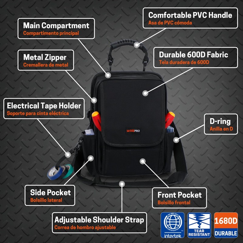 WISEPRO Zippered Electricians Tool Pouch, Waterproof 600D Tool Pouches Organization