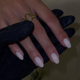 White Press on Nails Short Oval Acrylic Nails Press on, Solid Color Medium Short Oval Fake Nails for Women Reusable Thick Round Nails Glue on, Medium Almond Nails Soft Gel False Nails 24Pcs