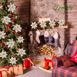 FPMSQDY 20pcs Christmas Flowers, Christmas Glitter Poinsettia Flowers with Clips Stems Champagne Christmas Decorations Flower for Xmas Ornaments Wreath Holiday Home Decor