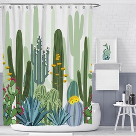 IcosaMro Cactus Shower Curtain for Bathroom with Hooks, Tropical Watercolor Decorative Long Cloth Fabric Shower Curtain Bath Decorations- 71Wx72L, Green
