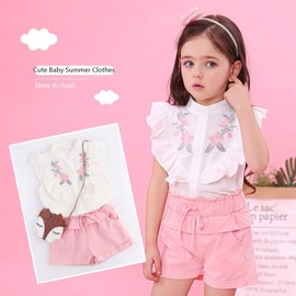 Toddler Girl Clothes Ruffle Floral Embroidery Shirt and Shorts Set