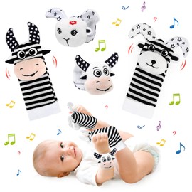 Ballery Wrist Rattle Socks and Foot Finder Baby Toy, 4 Pieces Rattle Baby Socks Baby Toy Wrist and Baby Gifts Strap Rattles Set for 0-12 Months Girls and Boys