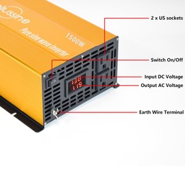 aeliussine 1500W Pure Sine Wave Inverter-12V DC to 110V 120V AC Power Converter with 2 AC Outlets, 12 Volt Power Inverter for Truck, Rv, Camping, Home, Emergency Power