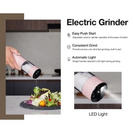 Electric Pepper Grinder and Salt Mill Set - Large Capacity USB Rechargeable Automatic Grinder with Dual LED Lights, One-Handed Operation & Slide Cover - Brushed Stainless Steel