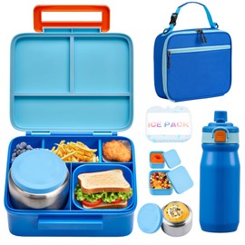 MAISON HUIS Kids Bento Box Set - Includes 8oz Soup Thermo, Insulated Lunch Bag & 17oz Stainless Steel Water Bottle, 5-Compartment Bento Box with Built-In Ice Pack, Leak-Proof & BPA-Free(Blue)