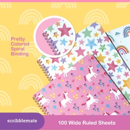 ScribbleMate Wide Ruled Spiral Notebook, Set of 3 Adorable 1 Subject Spiral Notebook Wide Ruled, 100 Perforated 3-Hole Punched Sheets, with Pocket Folder. 8 X 10.5