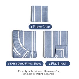 Extra Deep Pocket Twin XL Sheets - 3 Piece Breathable & Cooling Bed Sheets - Hotel Luxury Bed Sheet Set - Soft, Wrinkle Free & Comfy - Easily Fits Extra Deep Mattresses - Blue Striped Sheets Set