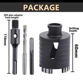 62mm (2-7/16 inch) Diamond Dry Core Drill Bit with SDS Plus Adapter, Concrete Core Drill Bit for Dry/Wet Drilling Granite Marble Masonry Concrete Brick Stone and Block (62mm (2-7/16 inch))