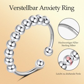 Anxiety Ring Silver 925 Stress Ring Women's Fidget Ring Women's Gold, Stress Ring Silver Rings 925 Women Anxiety Ring Silver Fidget Ring Spinner Ring Anxiety Rings Gold Adjustable Rings for Women,